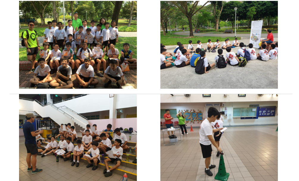 A montage of four pictures showing a group of primary school boy scouts posing for group photos and completing challenges.